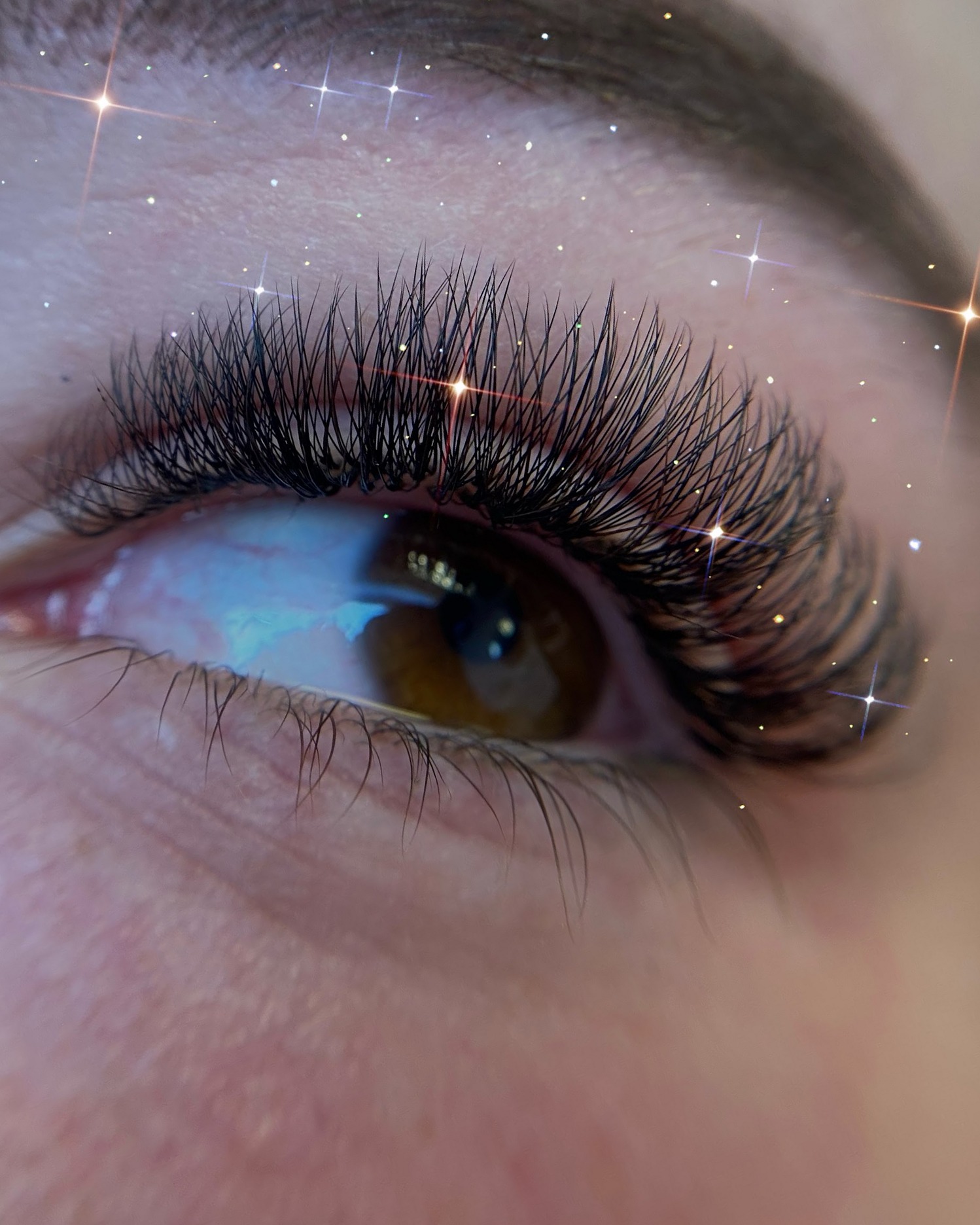 Close-up van een volumeset wimperextensions met een gestylde wenkbrauw